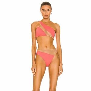 Norma Kamali Snake Mesh One-Shoulder Papaya Bikini